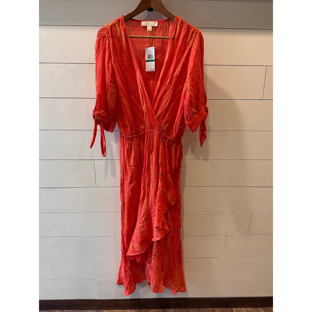 Michael Michael Kors Sangria Red Gold Metallic Stripe Ruffle Midi Dress Large